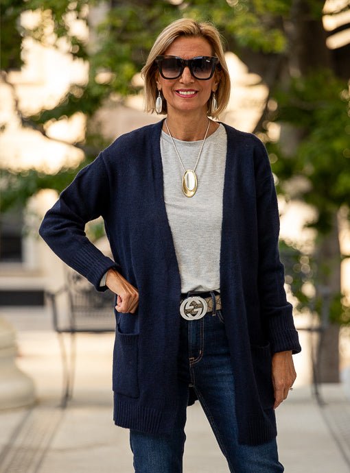 Navy Long Boxy Cardigan With Pockets – Just Style LA