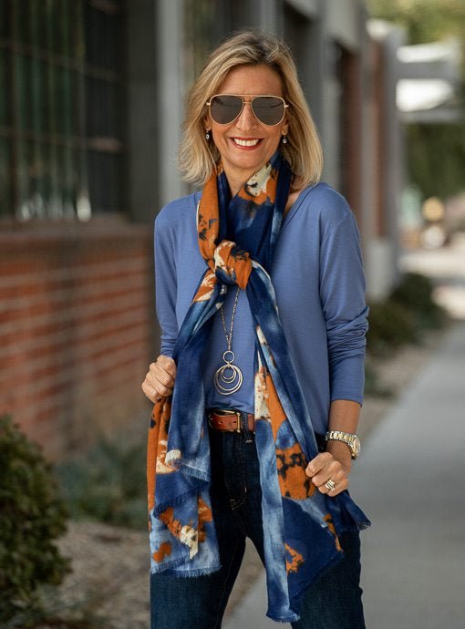 Navy Rust Blue Brushed Abstract Print Scarf Shawl - Just Style LA