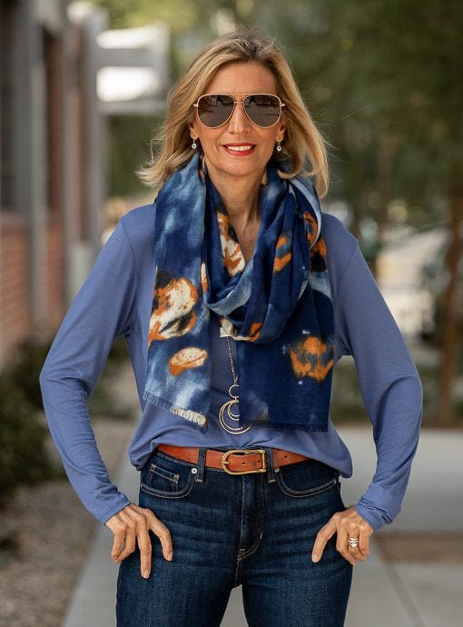 Navy Rust Blue Brushed Abstract Print Scarf Shawl - Just Style LA