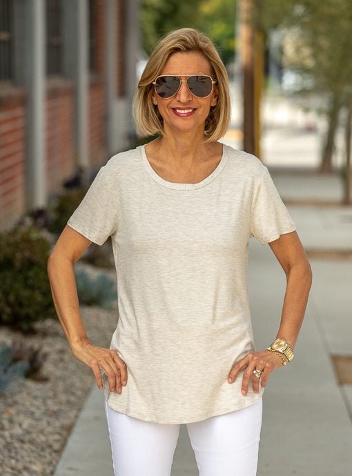 Oatmeal Round Neck Short Sleeve Top - Just Style LA
