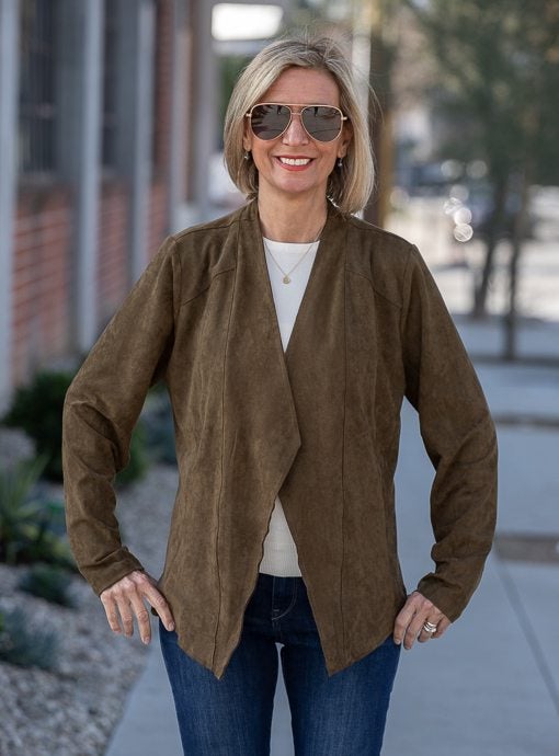 Olive Faux Suede Fold Back Collar Jacket - Just Style LA