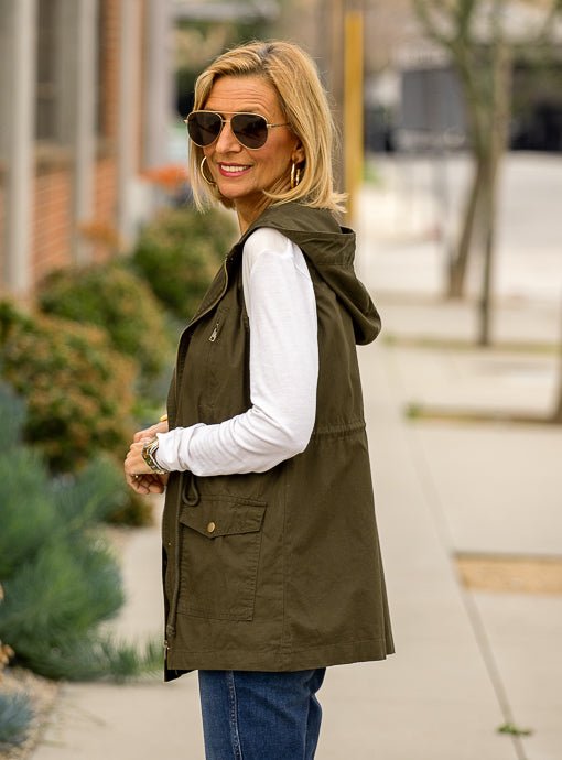 Olive Hooded Cargo Vest With Pockets - Just Style LA