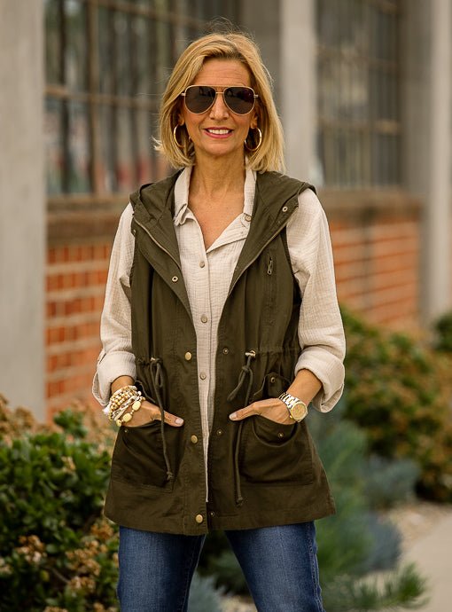 Olive Hooded Cargo Vest With Pockets - Just Style LA
