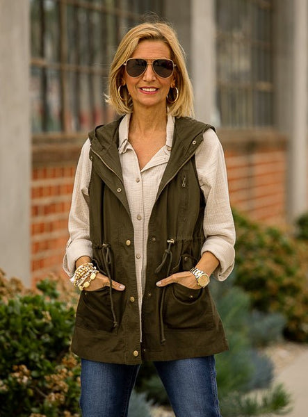 Olive Hooded Cargo Vest With Pockets
