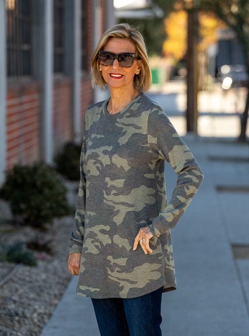 Olive Sage Camouflage Print Long Sleeve Top - Just Style LA