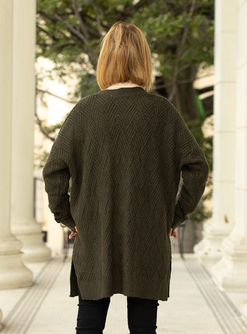 Olive Textured Pattern Long Cardigan With Pockets - Just Style LA