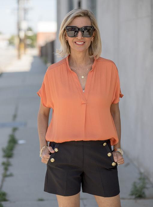 Papaya Stand Collar Short Sleeve Blouse - Just Style LA