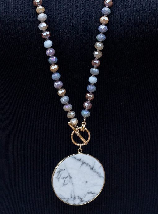 Pastel Iridescent Bead Necklace with Marbleized Pendant - Just Style LA