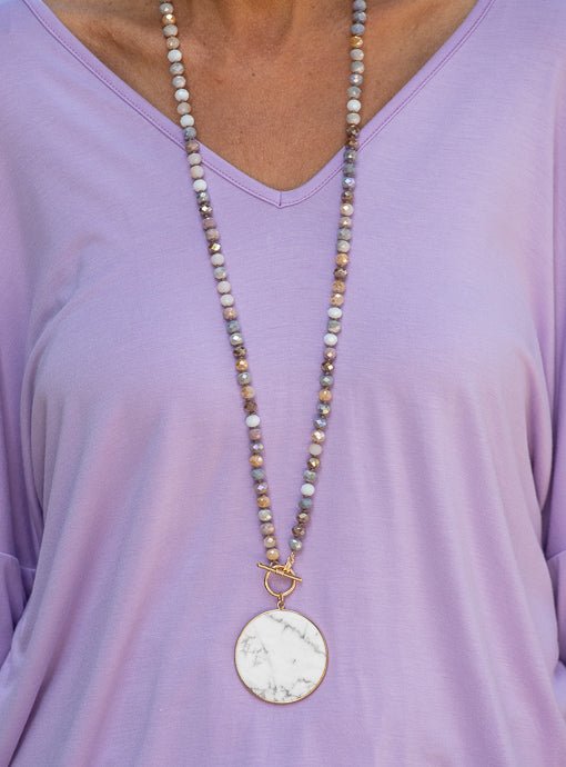Pastel Iridescent Bead Necklace with Marbleized Pendant - Just Style LA