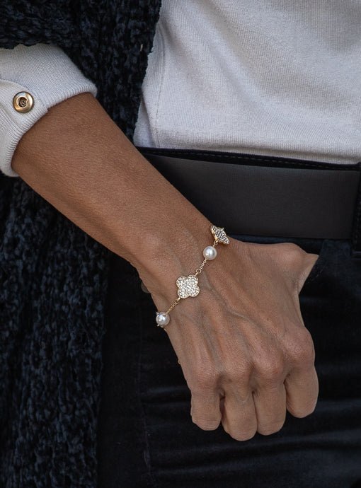 Pearl And Rhinestone Clover Bracelet - Just Style LA