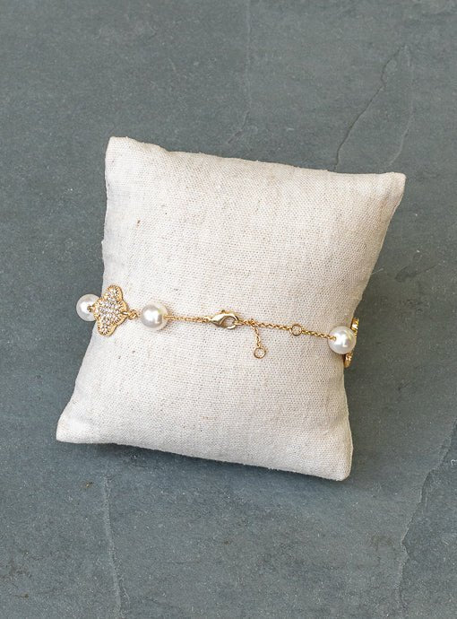 Pearl And Rhinestone Clover Bracelet - Just Style LA
