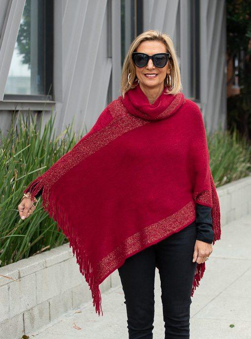Pomegranate Cowl Neck Poncho With Shimmer Detail - Just Style LA