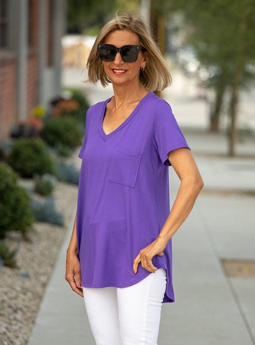 Purple V Neck Short Sleeve Top With Pocket - Just Style LA