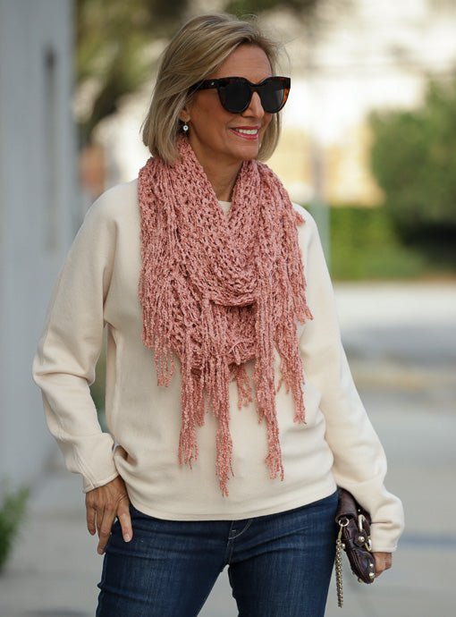 Rose Open Weave Textured Yarn Infinity Scarf With Fringe