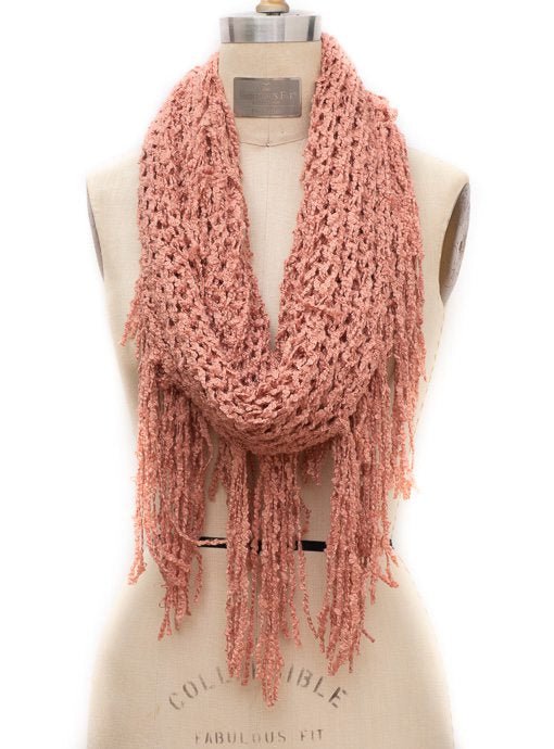 Rose Open Weave Textured Yarn Infinity Scarf With Fringe - Just Style LA