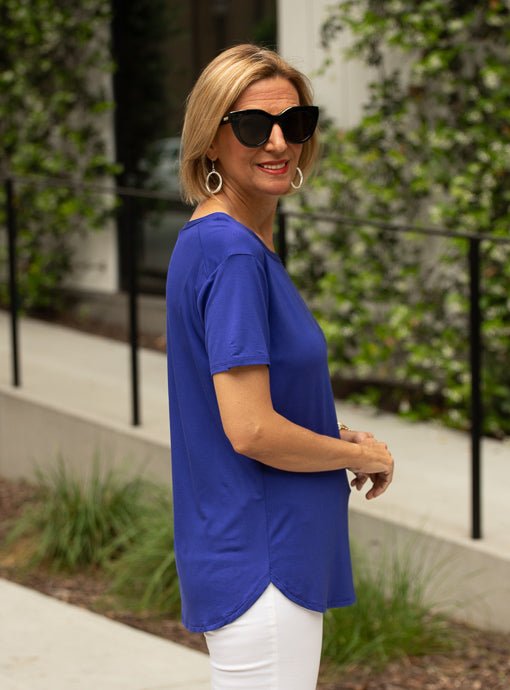 Royal Blue Round Neck Short Sleeve Top - Just Style LA