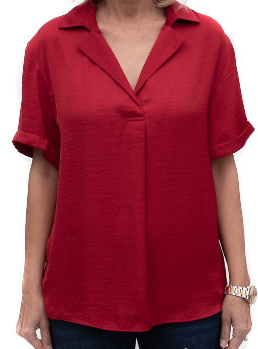 Ruby Red Notch Collar Short Sleeve Blouse - Just Style LA