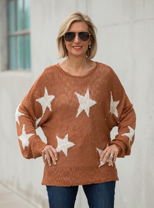 Rust Lightweight Sweater With Cream Star Pattern - Just Style LA