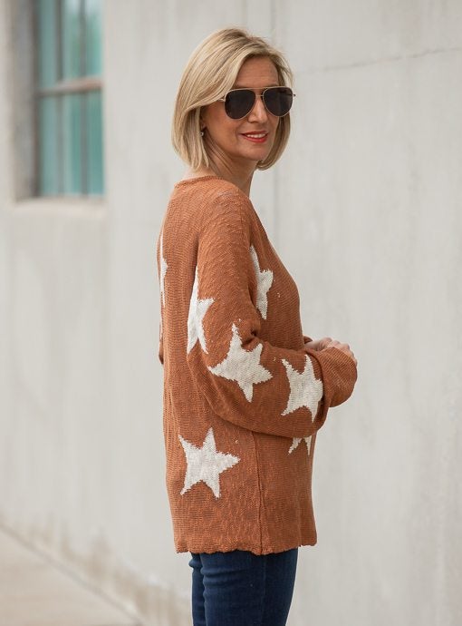 Rust Lightweight Sweater With Cream Star Pattern - Just Style LA