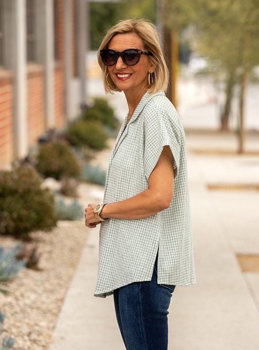 Sage And Ivory Gingham Shirt With Fold Back Sleeves - Just Style LA