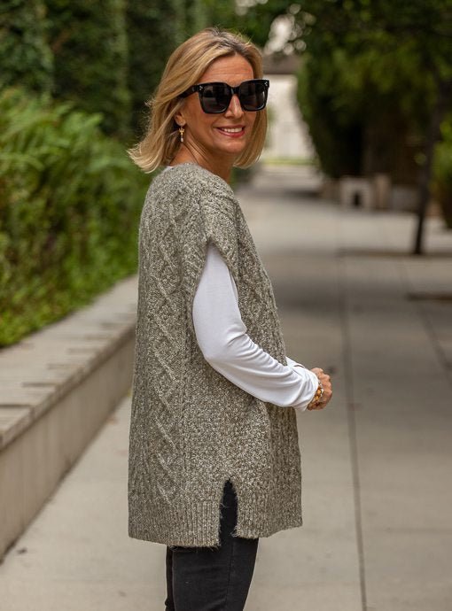Sage Chunky Cable Knit Oversized Sweater Vest - Just Style LA