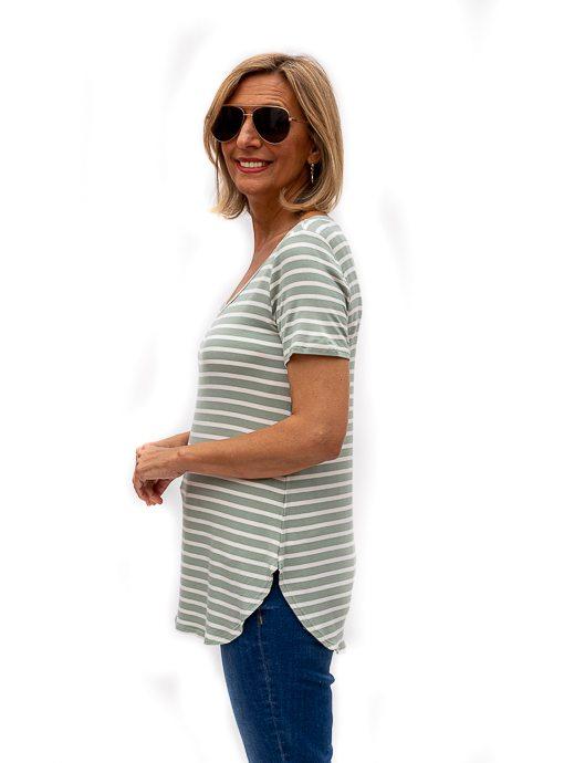 Sage Ivory Stripe Scoop Neck Short Sleeve Top - Just Style LA