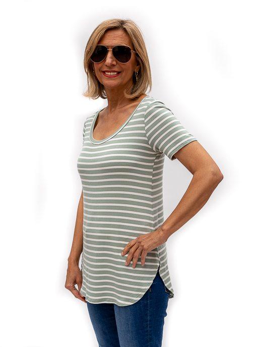 Sage Ivory Stripe Scoop Neck Short Sleeve Top - Just Style LA