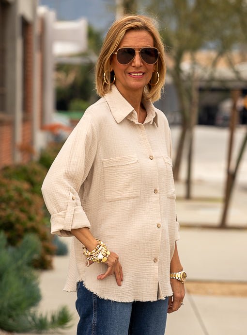 Sand Double Gauze Shirt With Roll Up Sleeves - Just Style LA