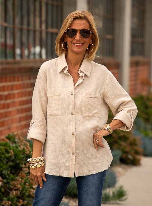 Sand Double Gauze Shirt With Roll Up Sleeves - Just Style LA