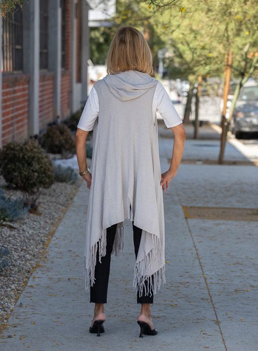Silver Hooded Knit Cardigan Vest With Fringe - Just Style LA