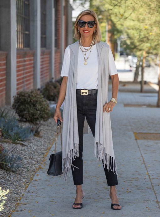 Silver Hooded Knit Cardigan Vest With Fringe - Just Style LA
