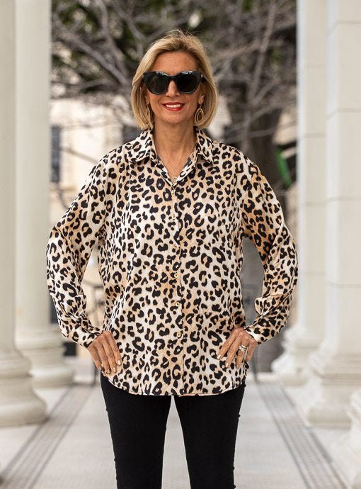 Tan Black Leopard Print Button Down Shirt - Just Style LA