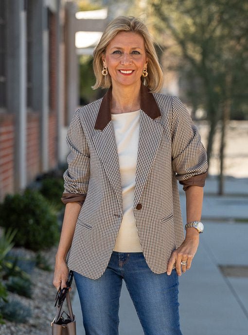 Tan Brown Black Houndstooth Boyfriend Blazer – Just Style LA