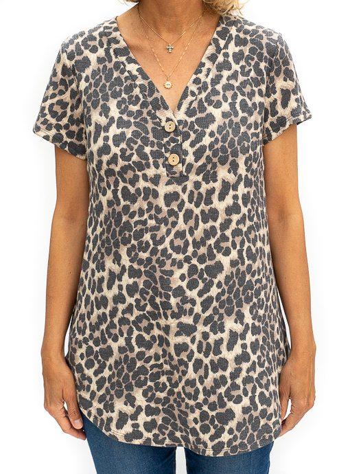 Tan Brown Leopard Print Short Sleeve Top - Just Style LA