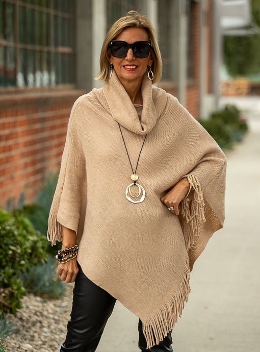Tan Cowl Neck Poncho With Fringe - Just Style LA