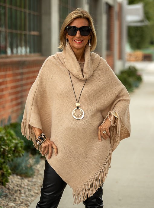Tan Cowl Neck Poncho With Fringe - Just Style LA