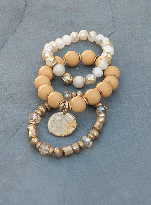 Tan Ivory Gold Three Piece Bracelet Set With Charm - Just Style LA