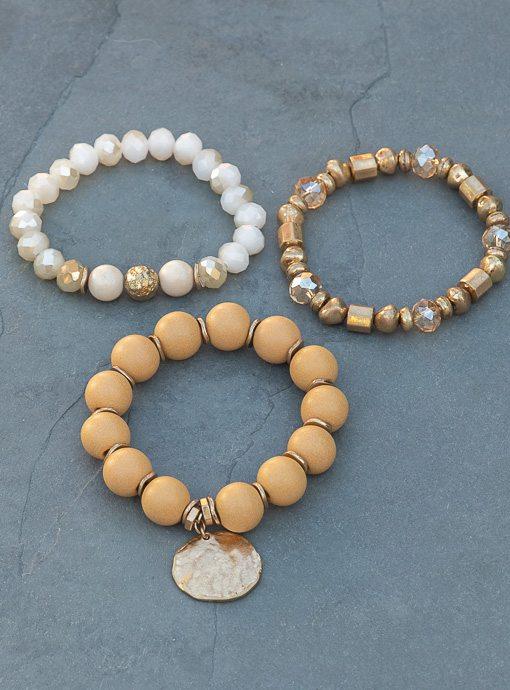 Tan Ivory Gold Three Piece Bracelet Set With Charm - Just Style LA