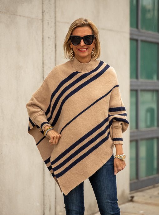 Tan Navy Diagonal Stripe Poncho With Sleeves - Just Style LA