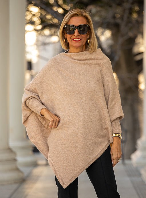 Tan Pull On Poncho With Sleeves - Just Style LA