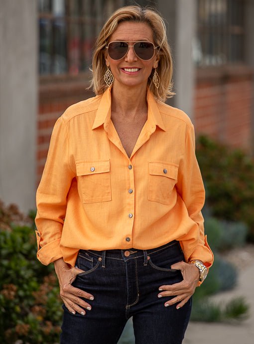 Tangerine Button Down Shirt With Two Chest Pockets - Just Style LA