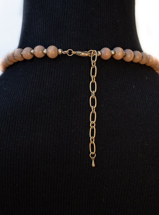 Taupe And Gold Bead Necklace With Gold Pendant - Just Style LA
