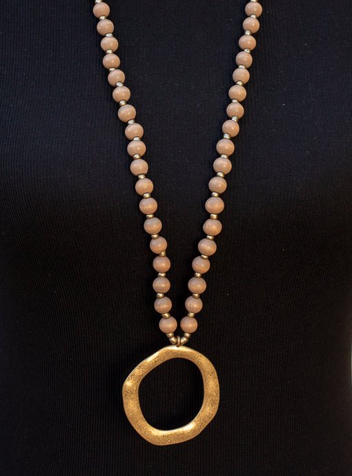 Taupe And Gold Bead Necklace With Gold Pendant - Just Style LA
