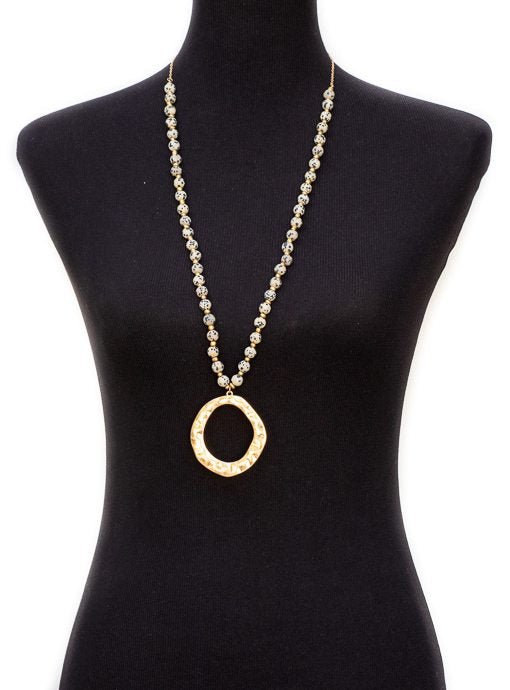 Taupe Black Dot And Gold Bead Necklace With Gold Pendant - Just Style LA