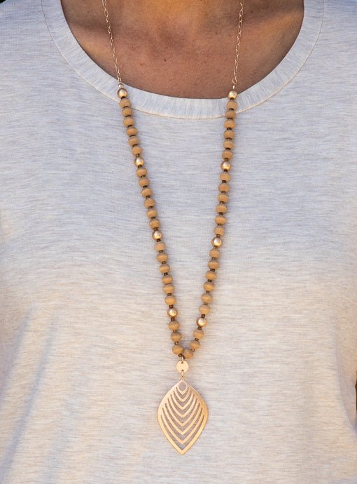 Taupe Gold Bead Necklace With Gold Leaf Pendant - Just Style LA