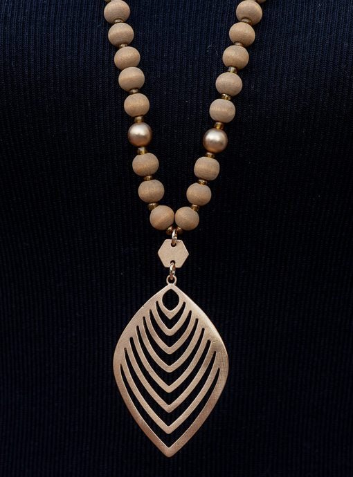 Taupe Gold Bead Necklace With Gold Leaf Pendant - Just Style LA