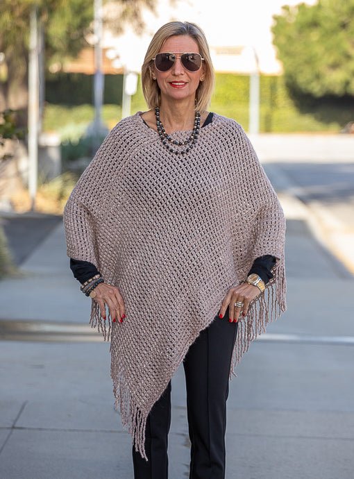 Taupe Gold Shimmer Open Weave Poncho With Fringe - Just Style LA