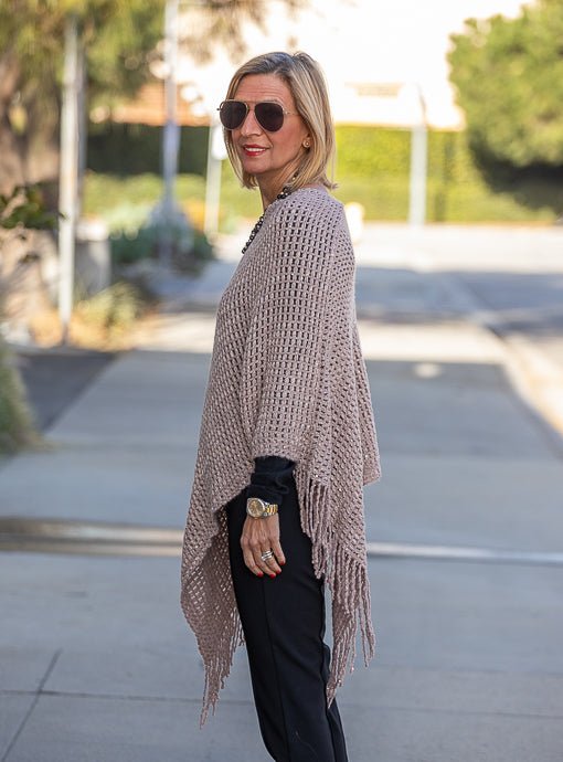 Taupe Gold Shimmer Open Weave Poncho With Fringe – Just Style LA
