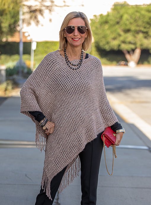 Taupe Gold Shimmer Open Weave Poncho With Fringe - Just Style LA