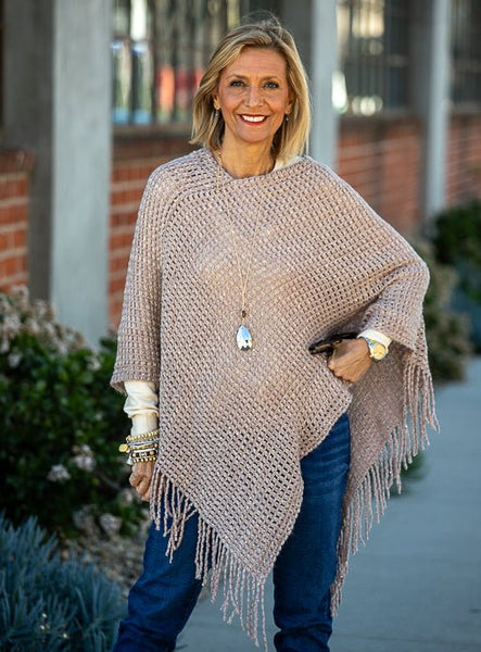 Taupe Gold Shimmer Open Weave Poncho With Fringe